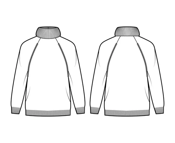 Tröja Överdriven Turtleneck teknisk mode illustration med långa raglan ärmar, överdimensionerad, höft längd, ribba trim — Stock vektor