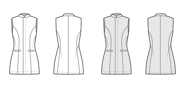 Gilet long gilet technique illustration de mode avec corps ajusté, sans manches, col montant, fermeture en peau, poche passepoilée — Image vectorielle