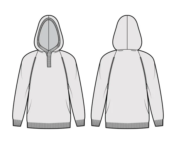 Hooded Sweater technical fashion illustration with rib henley neck, long raglan sleeves, oversized, hip length, rib trim — Stock Vector