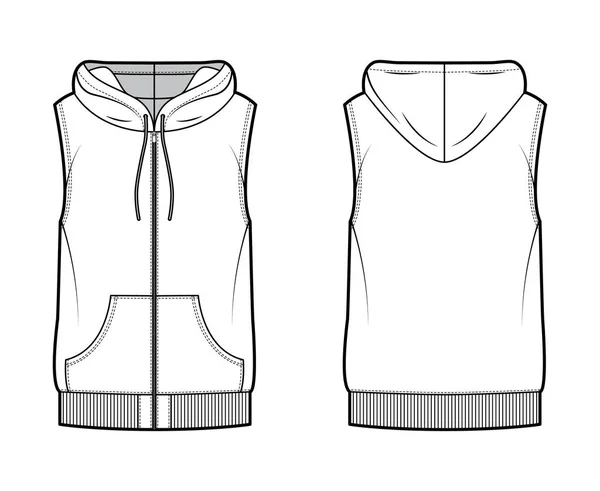 Hooded vest puffer waistcoat technical fashion illustration with sleeveless, kangaroo pouch, zip-up closure, oversized — Stock Vector