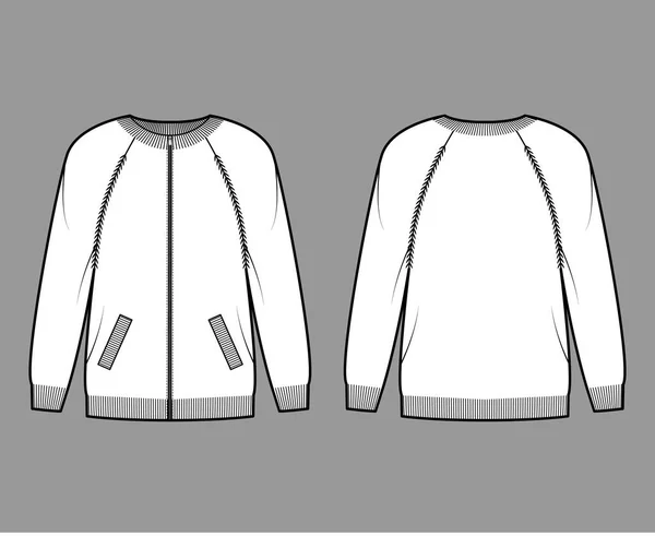 Zip-up kofta Tröja teknisk mode illustration med ribba besättning hals, långa raglan ärmar, oversized, stickad kant — Stock vektor