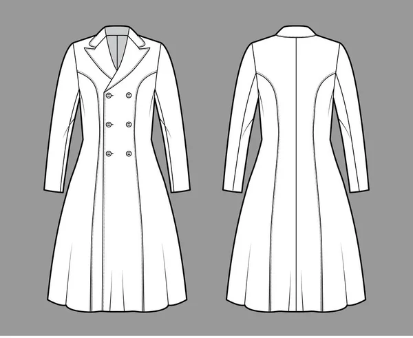 Princesa linha casaco técnico moda ilustração com peito duplo, corpo equipado, colarinho de lapela de pico, comprimento do joelho —  Vetores de Stock