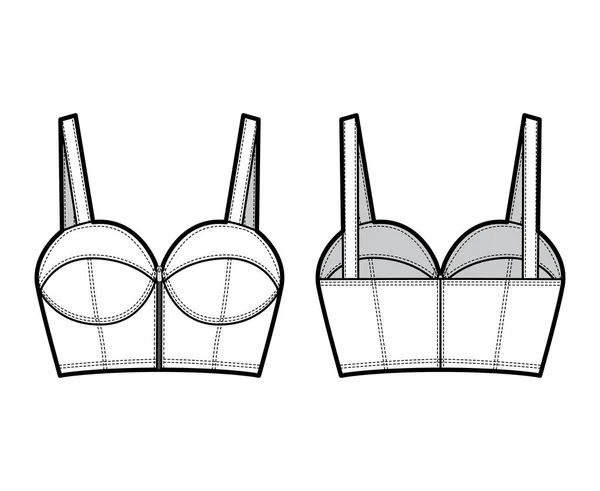 Ilustración de moda técnica superior bustier mezclilla con correas delgadas, cierre con cremallera, tazas, ajuste delgado, sujetador de longitud de la cosecha — Archivo Imágenes Vectoriales