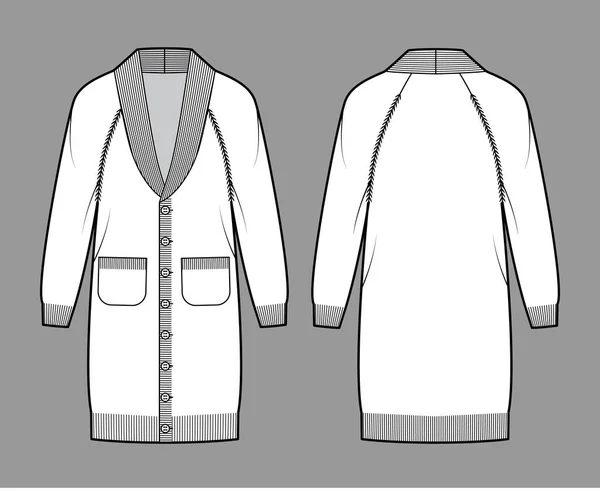 Kofta klänning Sjal krage Tröja teknisk mode illustration med långa raglan ärmar, överdimensionerad kropp, stickad kant — Stock vektor