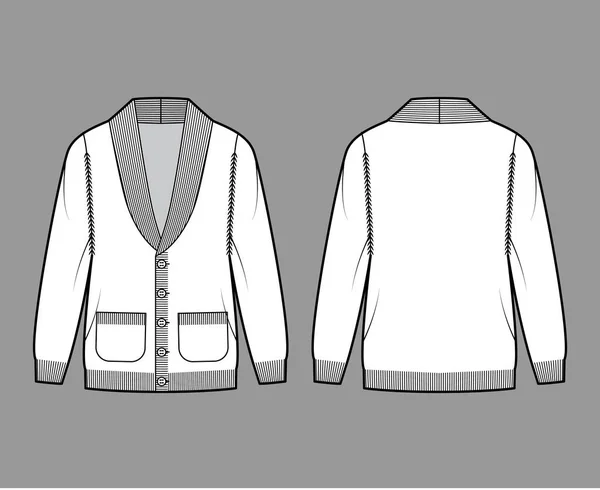 Cardigan Col châle Pull illustration de mode technique à manches longues, oversize, bordure côtes tricotées, fermeture par bouton — Image vectorielle