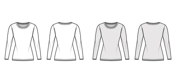 Cuello redondo Jersey técnica moda ilustración con mangas largas, cuerpo ajustado, longitud de la cadera, punto rib ajuste Jersey plano — Vector de stock