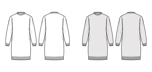 Vestido Camisola Pescador ilustração de moda técnica com gola de tripulação, corpo de grandes dimensões, comprimento do joelho, tricô guarnição. Plano — Vetor de Stock