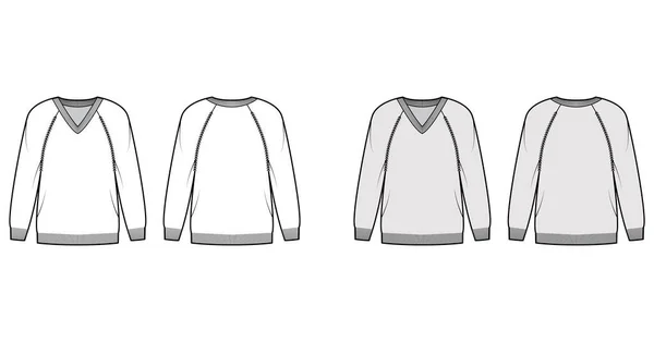 V-neck svetr technické módní ilustrace s dlouhými raglánovými rukávy, nadrozměrné, délka boku, pletená žebra — Stockový vektor