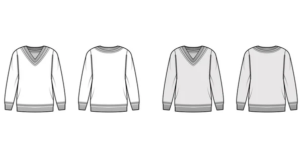 Suéter de cricket ilustración técnica de moda con rayas, costilla cuello en V, mangas largas, de gran tamaño, longitud de la cadera, ajuste de punto — Vector de stock
