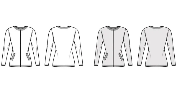 Zip-up cardigan suéter técnica moda ilustração com costela tripulação pescoço, mangas compridas, corpo equipado, tricô guarnição, bolso — Vetor de Stock