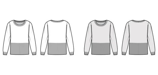 Taillierter Pullover technische Modeillustration mit rundem Halsausschnitt, langen Ärmeln, tailliertem Körper, Hüftlänge, Strickbesatz — Stockvektor