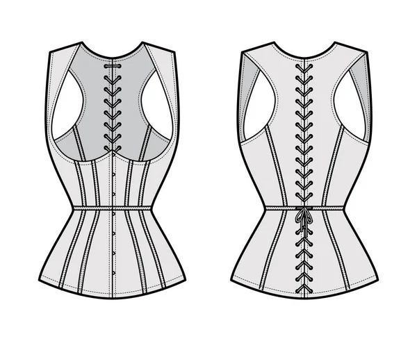 Corset gilet vest технічна мода ілюстрація з безрукавом, Корд ззаду замикання, тонкий підходять, китів одяг — стоковий вектор