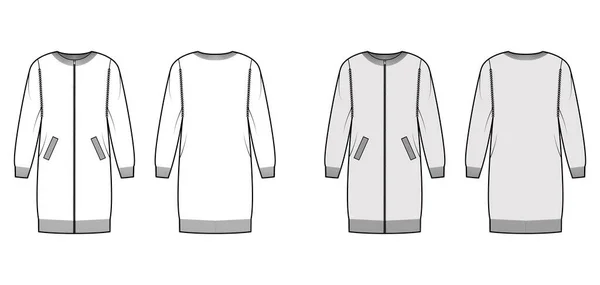 Cardigan con zip Maglione illustrazione tecnica di moda con girocollo a costine, maniche lunghe, corpo oversize, assetto maglia — Vettoriale Stock