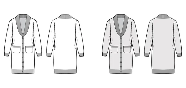 Vest jurk Sjaal kraag Trui technische mode illustratie met lange mouwen, oversized lichaam, gebreide afwerking, sluiting — Stockvector