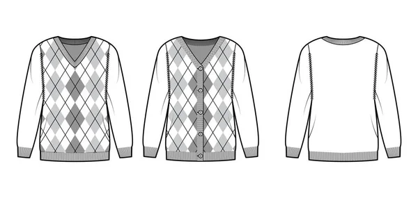 Zestaw swetrów Argyle Ilustracja moda techniczna z żebrem V-neck, długie rękawy raglan, przerośnięte, długość biodra — Wektor stockowy