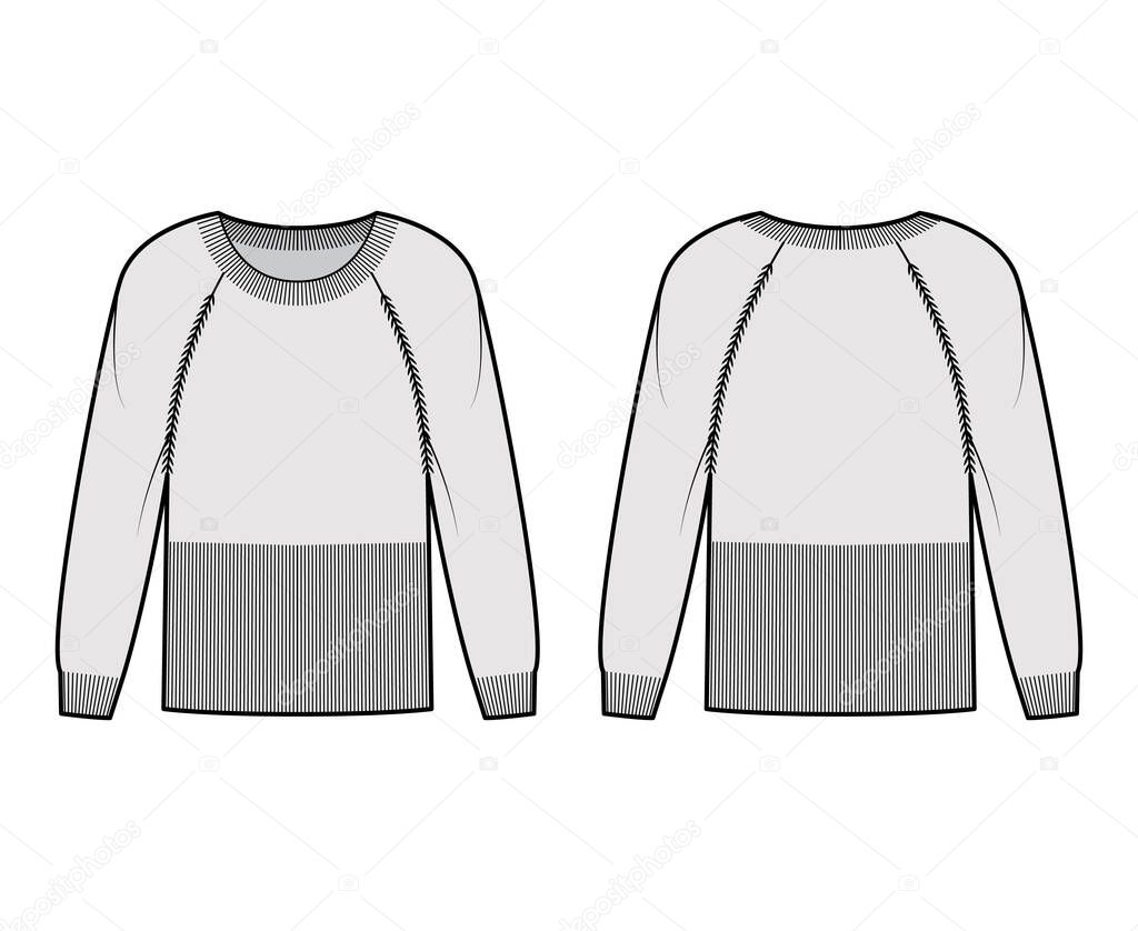 Waisted Sweater technical fashion illustration with rib round neck, long raglan sleeves, fitted body, hip length, trim