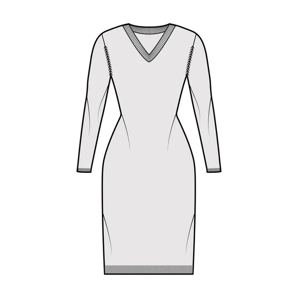V-образный вырез платье Свитер техническая мода иллюстрация с длинными рукавами, стройная посадка, длина колена, трикотаж ребра Плоский джемпер — стоковый вектор