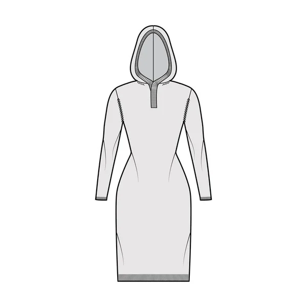Vestido con capucha Jersey técnica moda ilustración con cuello de henley costilla, mangas largas, ajuste delgado, longitud de la rodilla, rib trim — Vector de stock