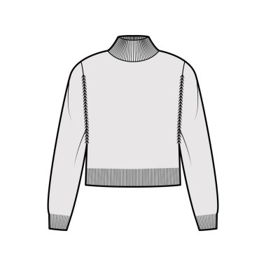 Balıkçı yaka kazak uzun kollu, rahat vücut, bel uzunluğu, örgü örgülü teknik moda illüydü. atlayan