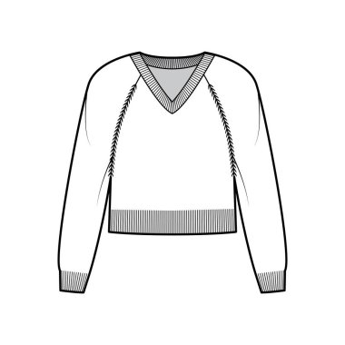 V yakalı süveter, uzun paçavra kollu, rahat, bel uzunluğunda, kaburga örgüsü kesimli teknik moda illüstrasyonunu kesmiş.