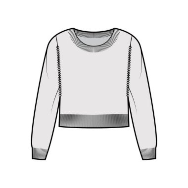 Yuvarlak boyunlu, uzun kollu, bel uzunluğunda, düz atlet örgü ören teknik süveter çizimi.