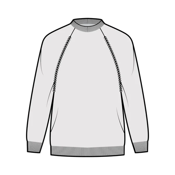 Yrkesfiskare tröja teknisk mode illustration med ribba besättning hals, långa raglan ärmar, oversize, höft längd, stickad kant — Stock vektor