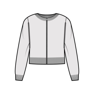 Fermuarlı hırka kesimi süveter teknik moda illüstrasyonları kaburga boynu, uzun kollu, örgü örgülü.
