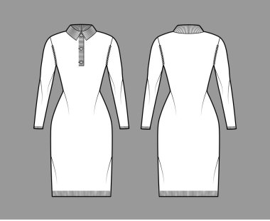 Polo Süveteri Teknik Moda Çizimi Henley boyun, klasik yaka, uzun kollu, diz boyu, örgü