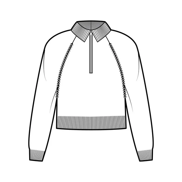 Zip-up recortado camisola técnica moda ilustração com costela henley pescoço, colar clássico, manga raglan longa —  Vetores de Stock