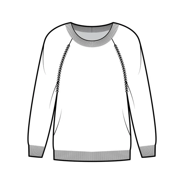 Sweater technical fashion illustration with round neck, long raglan sleeves, Regular fit, fingertip length, Ribbed trims — Stock Vector