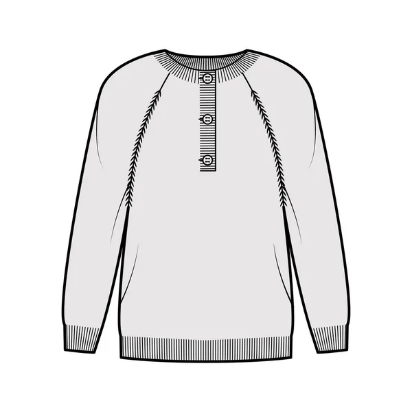 Jersey cuello henley ilustración técnica de moda con cuello de la tripulación de la costilla, manga larga raglán, longitud de la punta del dedo, ajuste del manguito — Vector de stock