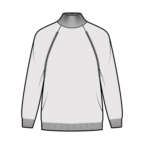 터틀넥 스웨터의 기술적 인 패션 일러스트와 긴 라 글란 소매, 지나치게 큰, 손가락 끝의 길 이, 결속력있는 갈비 장식. — 스톡 벡터