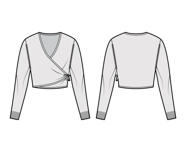 Cardigan de ballet ilustración técnica de moda con cuello en V, mangas largas, ajuste delgado, longitud de la cosecha, ribete de punto. Plano — Vector de stock