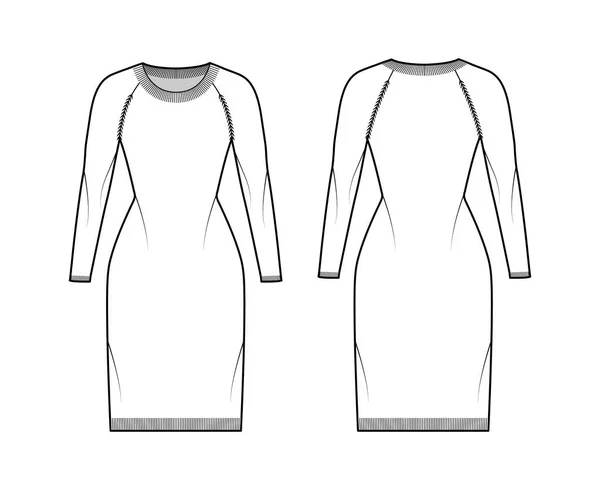 Vestido redondo pescoço camisola técnica moda ilustração com manga raglan longa, corpo equipado, comprimento do joelho, tricô costela guarnição —  Vetores de Stock