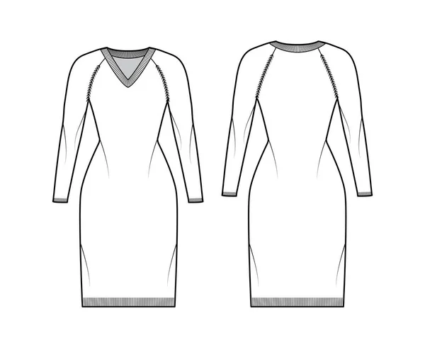 V-neck dress Sweater technical fashion illustration with long raglan sleeves, slim fit, knee length, rib trim jumper — Stock Vector