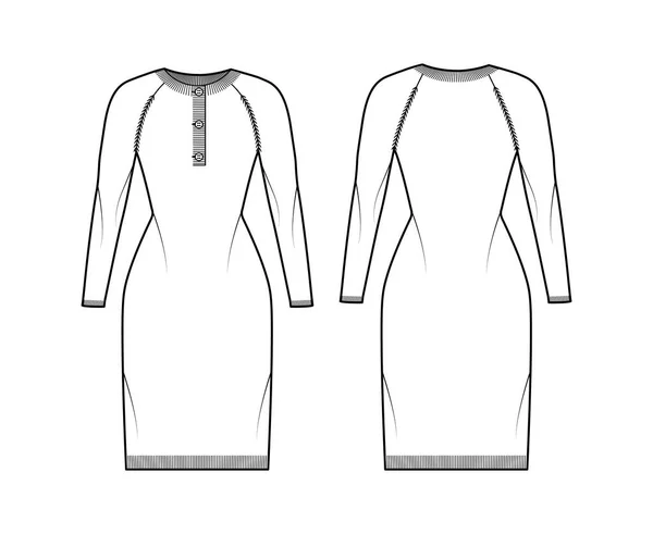 ドレスセーターヘンリーネック技術的なファッションイラストで長いラグランスリーブ、スリムフィット、膝丈、リブニットトリム — ストックベクタ