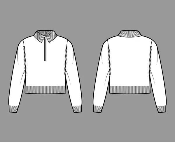 Beskuren Zip-up tröja teknisk mode illustration med ribba henley hals, klassisk krage, lång raglan ärm — Stock vektor