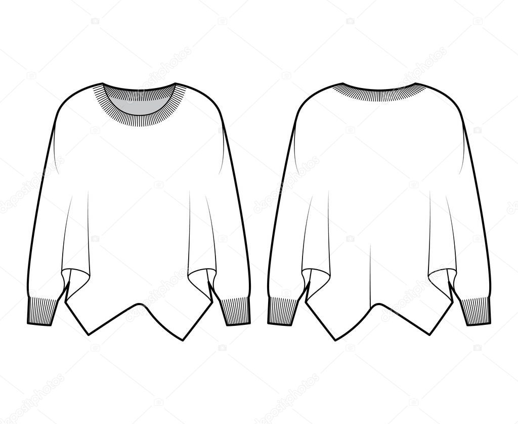 Sweater batwing sleeve technical fashion illustration with rib oval neck, oversized, hip length, knit trim. Flat garment