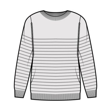 Denizci Kazağı Çizgili Kazak Teknik Moda Çizimi Kaburga mürettebatı yaka, uzun kollu, kalça uzunluğu, örgü manşetli