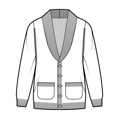 Cardigan Şalı yakalı uzun kollu, büyük bedenli, pirzola kesimli, düğme kapaklı teknik taslak.