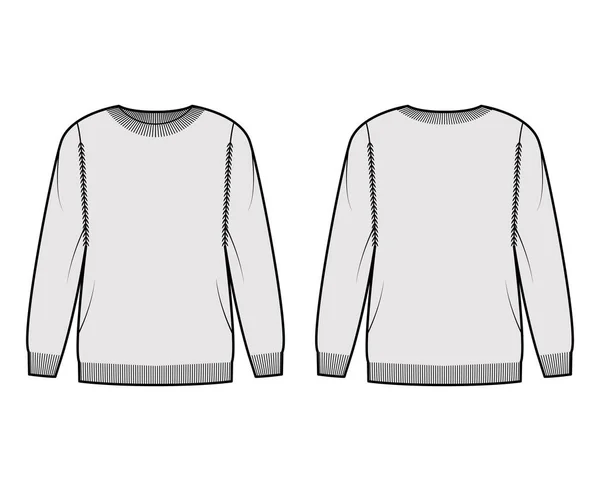 Ilustracja moda techniczna sweter z szyją żebra załogi, długie rękawy, ponadwymiarowy, długość uda, wykończenie mankietu dzianiny. Mieszkanie — Wektor stockowy