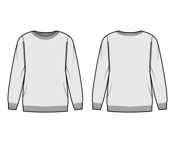 Maglione illustrazione tecnica di moda con girocollo a costine, maniche lunghe, oversize, lunghezza coscia, bordo polsino in maglia. Piatto — Vettoriale Stock