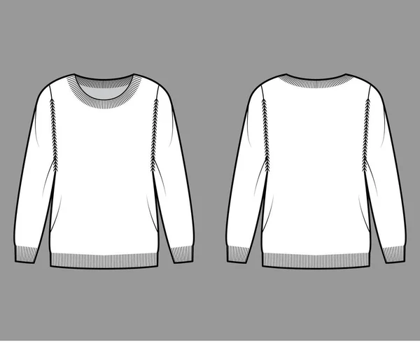 Suéter técnica moda ilustración con cuello redondo, mangas largas, ajuste regular, longitud de la punta del dedo, adornos acanalados — Vector de stock