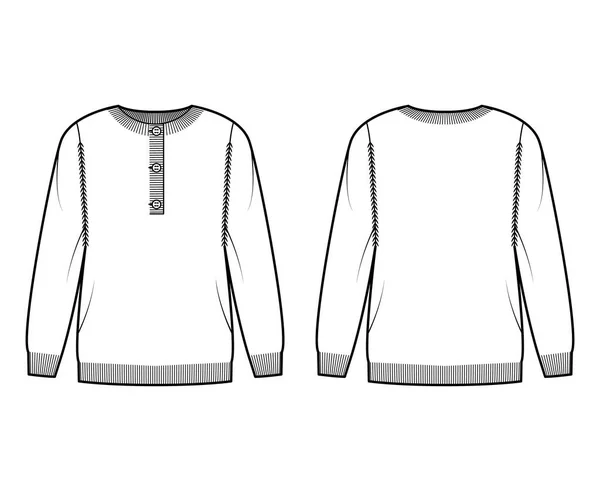 Sweater henley hals teknisk mode illustration med lange ærmer, overdimensionerede, fingerspids længde, strik manchet trim – Stock-vektor