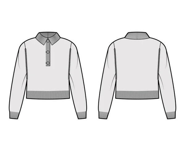 Polo recortado suéter técnica moda ilustración con cuello de henley costilla, cuello, mangas largas, longitud de la cintura, ajuste de punto — Vector de stock