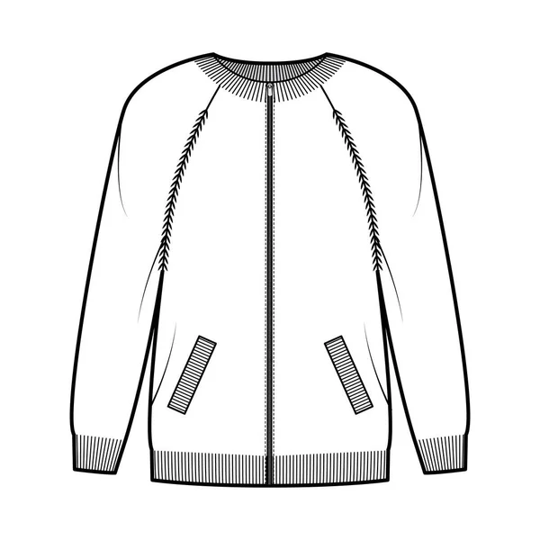 Зіп-ап кардиган светр технічної моди ілюстрація з ребро екіпажу шиї, довгі рукави ганчірки, негабаритні, в'язані обробки — стоковий вектор