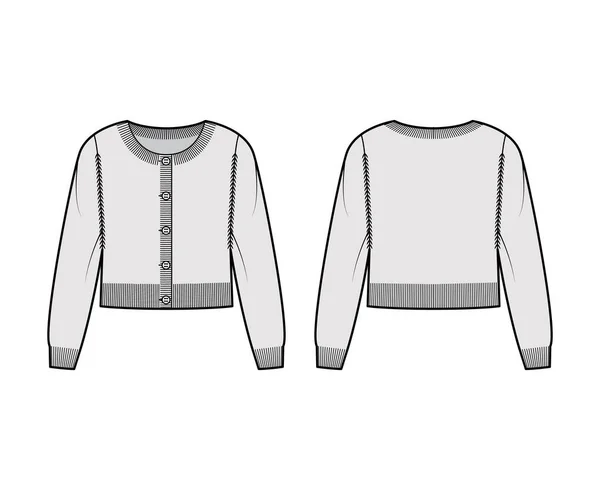 Gola redonda cortou cardigan ilustração de moda técnica com mangas compridas, corpo de grandes dimensões, costela de malha manguito. artigos de vestuário — Vetor de Stock