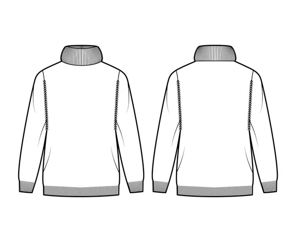 Tröja Överdriven Turtleneck teknisk mode illustration med långa ärmar, överdimensionerad, höft längd, stickad resår trim. — Stock vektor