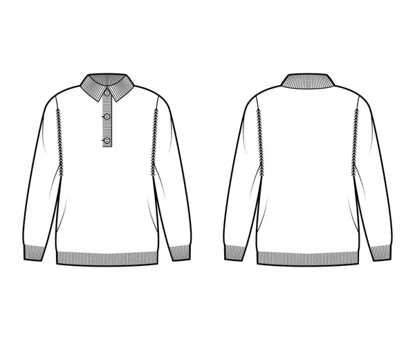 Polo Trui technische illustratie met rib henley hals, lange mouwen, oversized, heup lengte, gebreide rib trim — Stockvector