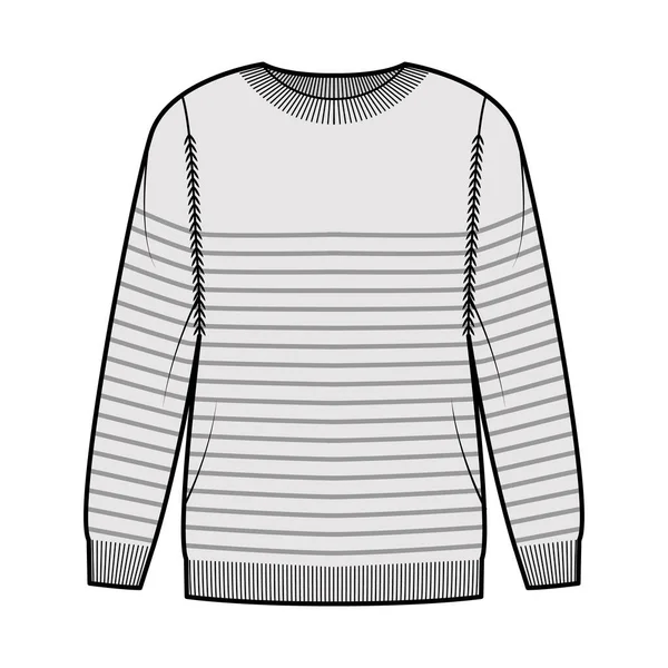 Pull marin Pullover rayé illustration de mode technique avec col rond côtelé, manches longues, longueur de la hanche, poignets tricotés — Image vectorielle
